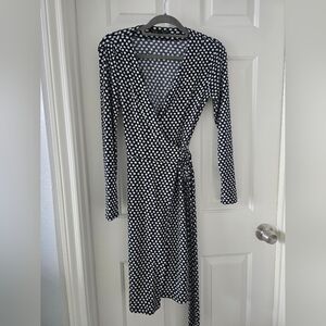 Navy Blue and White Polka Dot Wrap Dress